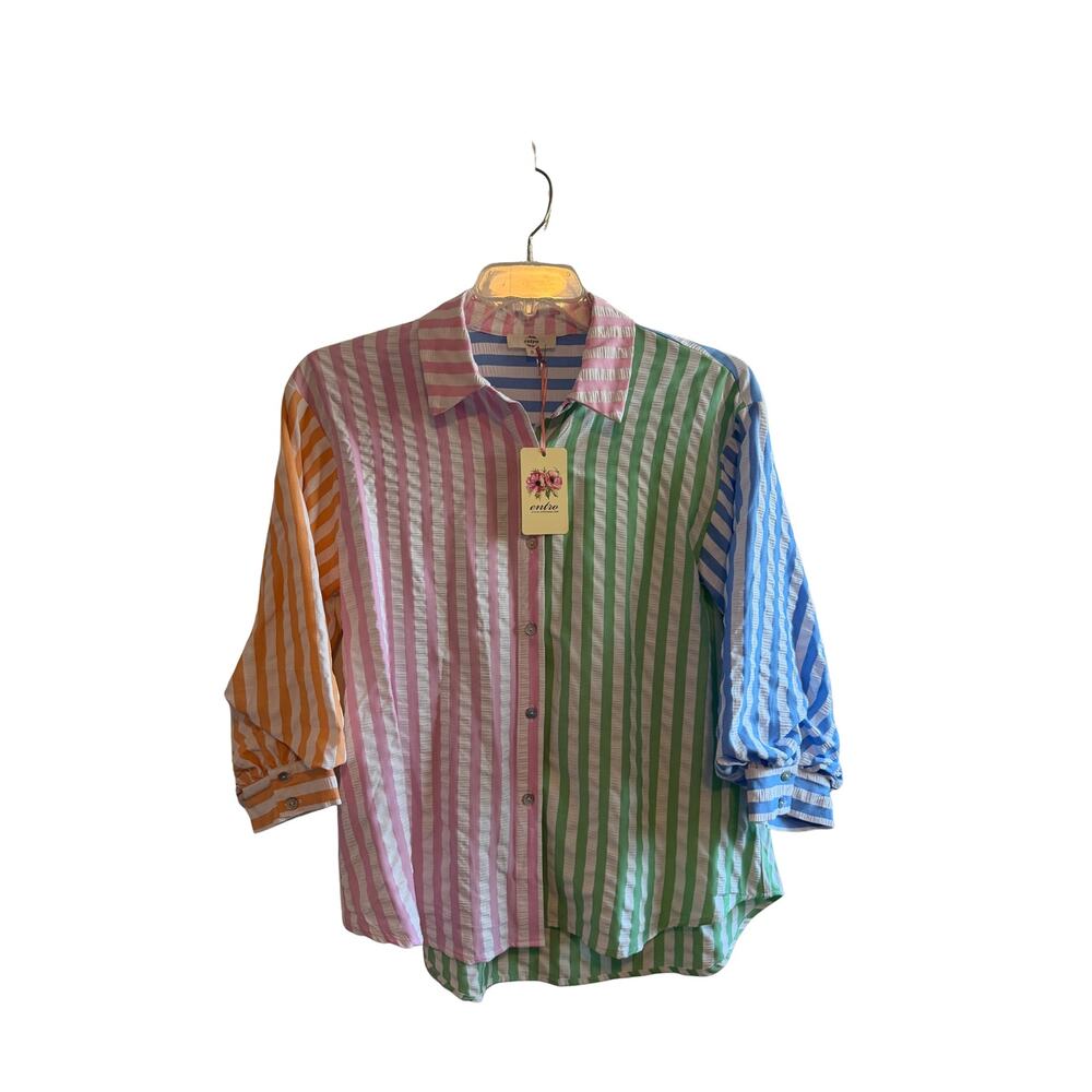 Entro Multicolor Striped Button Front Top NWT Women’s Small Balloon Sleeve